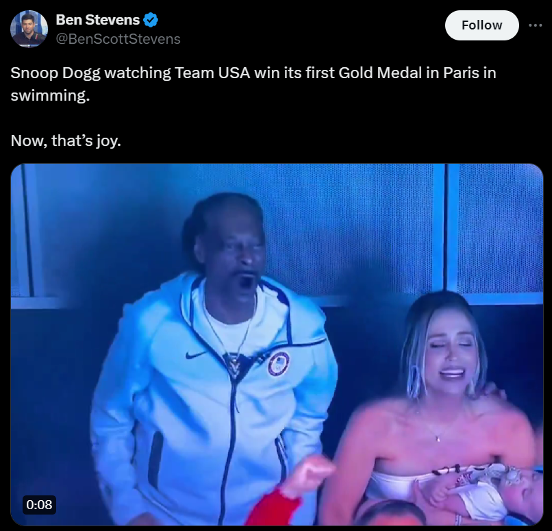 screenshot - Ben Stevens Snoop Dogg watching Team Usa win its first Gold Medal in Paris in swimming. Now, that's joy.